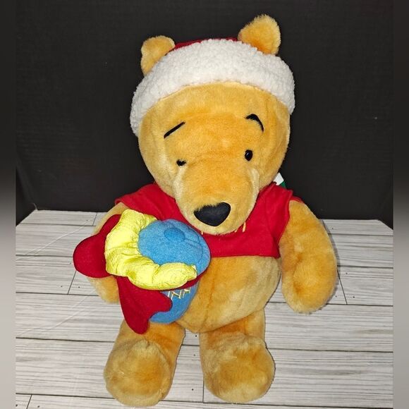 Walt Disney Vintage Christmas Winnie The Pooh Bear Plush 15" Holding Hunny Jar - Picture 1 of 9